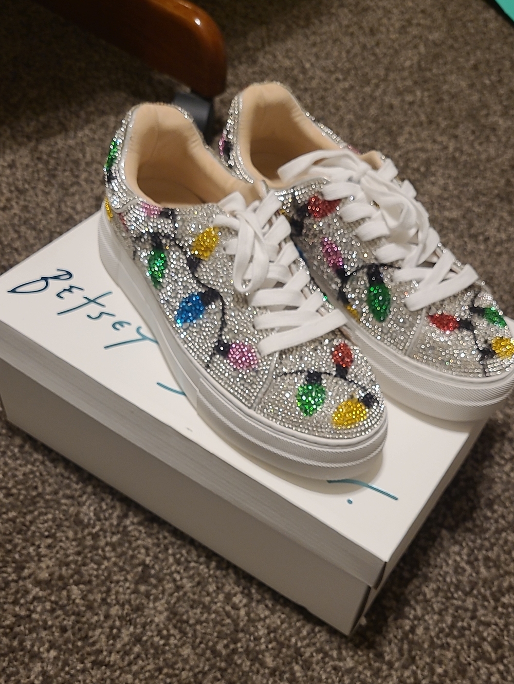 Betsey Johnson Sidny Christmas Lights Rhinestone Sneakers White & Silver US 8